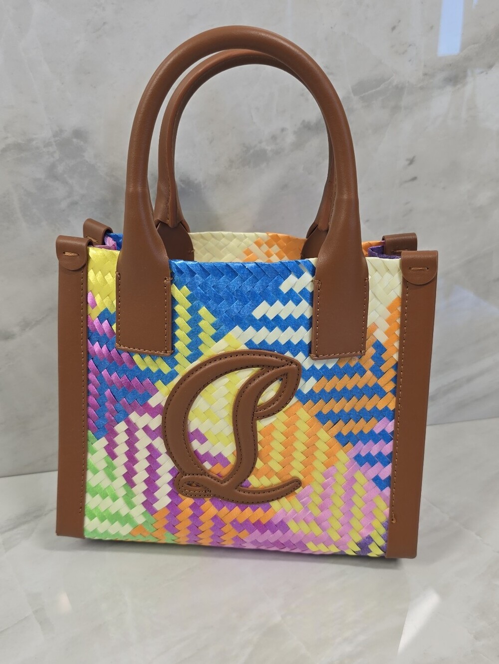 Christian Louboutin Brown-Trim Multicolor Woven Tote Bag